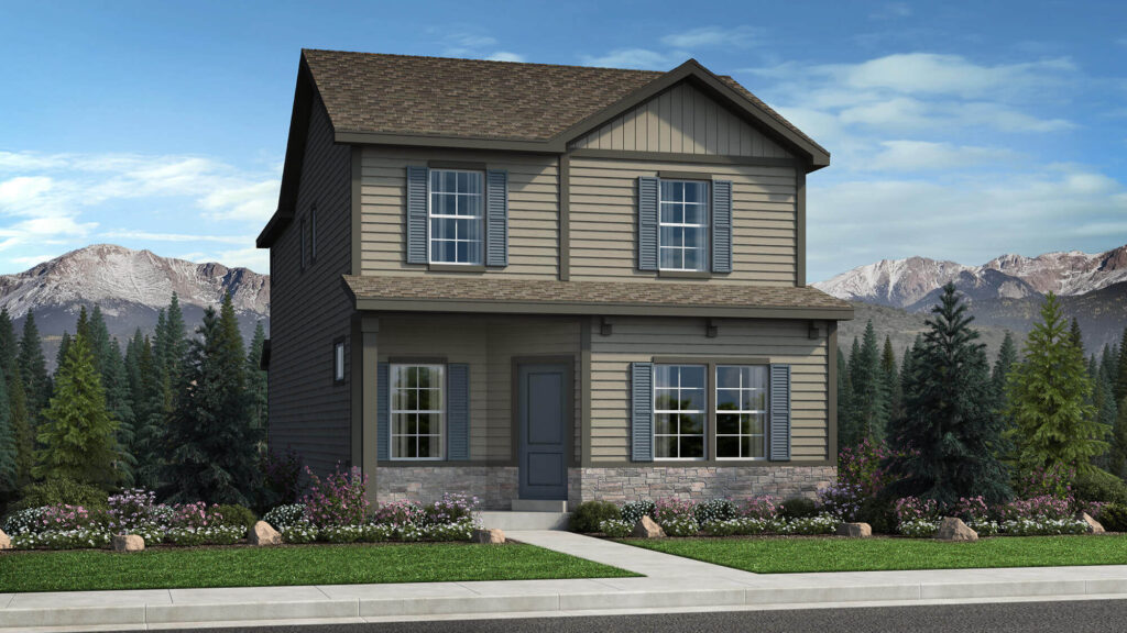 Two-story detached house exterior with gabled roof, shutters, stone base, and landscaped front yard.