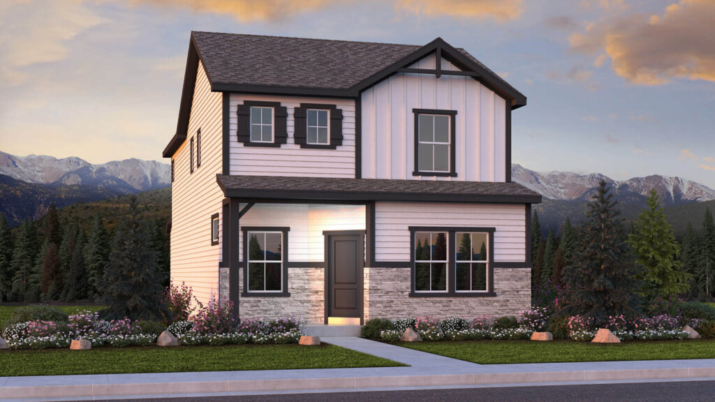 Two-story house exterior with mixed siding styles, stone wainscot, front porch roof, and landscaped walkway.