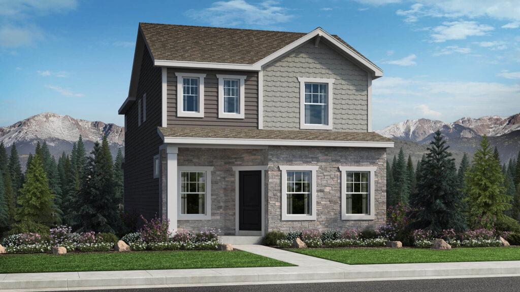 Two-story detached house with mixed siding and stone front, covered porch and mountain backdrop.