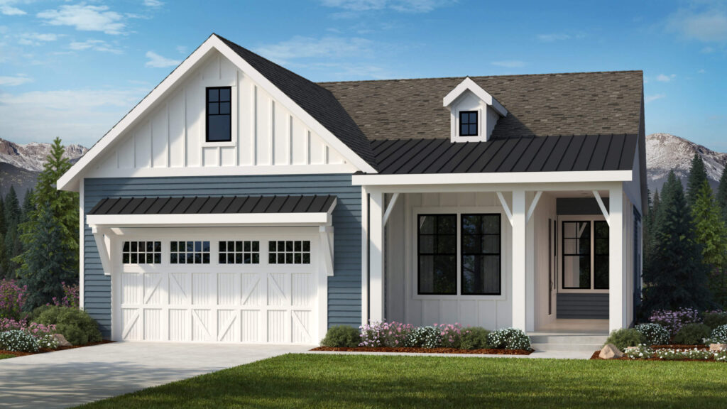 Front exterior of a modern farmhouse-style single-story home with garage and covered porch.