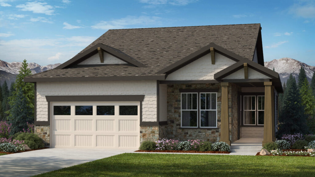 Front exterior of a craftsman-style single-story house with stone accents and covered porch.