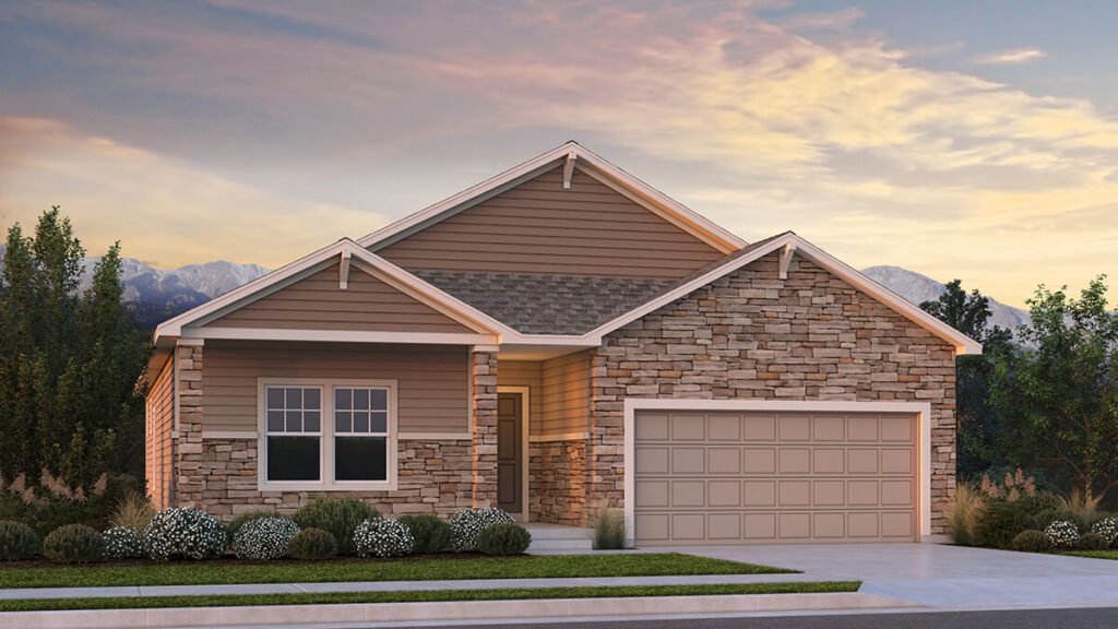 Single-story home with stone veneer accents, gabled entry, and two-car garage.