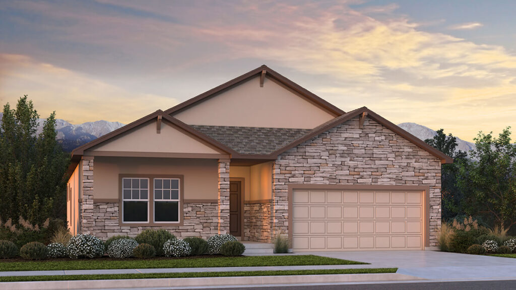 Single-story house with stone facade, covered porch, and two-car garage at sunset.