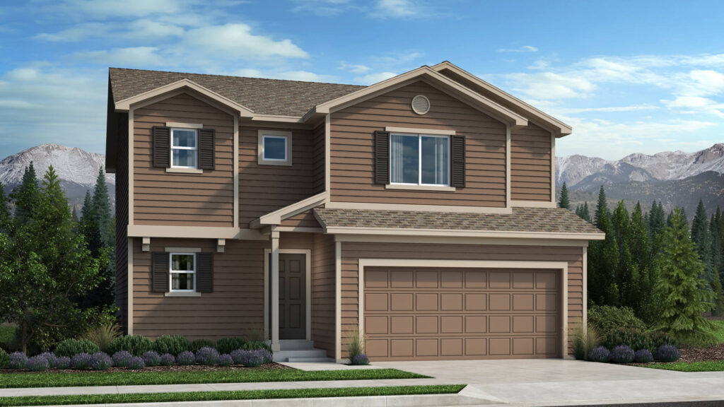 Two-story suburban house with brown horizontal siding and an attached two-car garage.