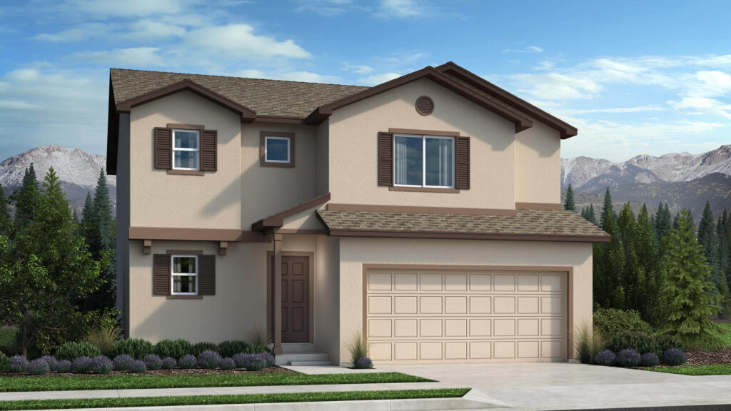 Two-story beige stucco house with brown roof, shutters, and attached two-car garage.