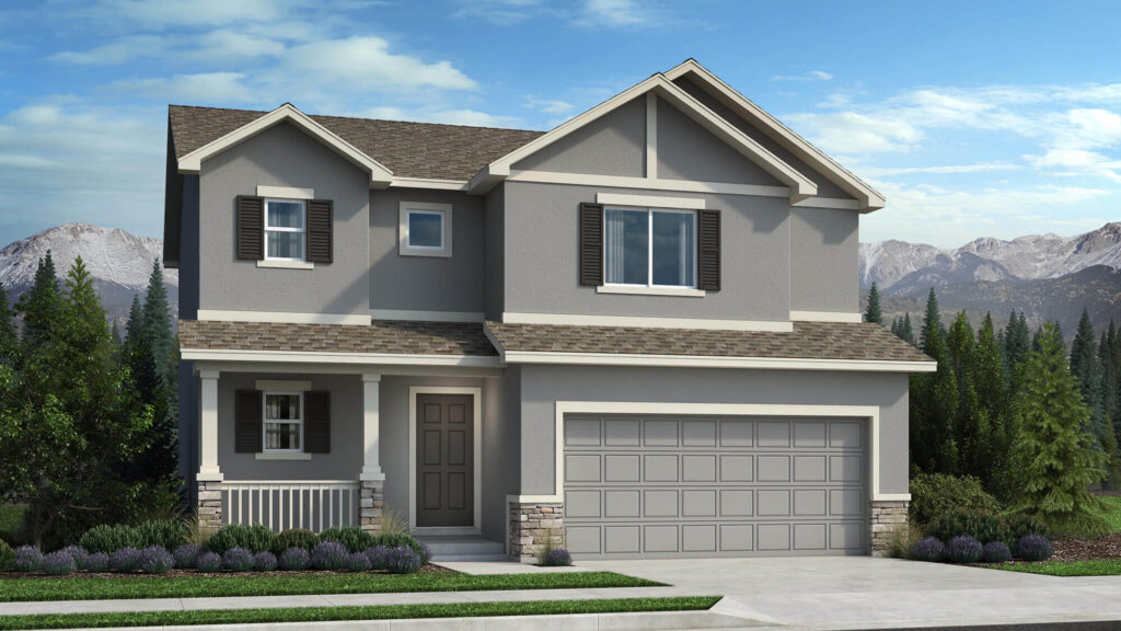 Two-story muted gray house with white trim, small porch, and attached two-car garage.