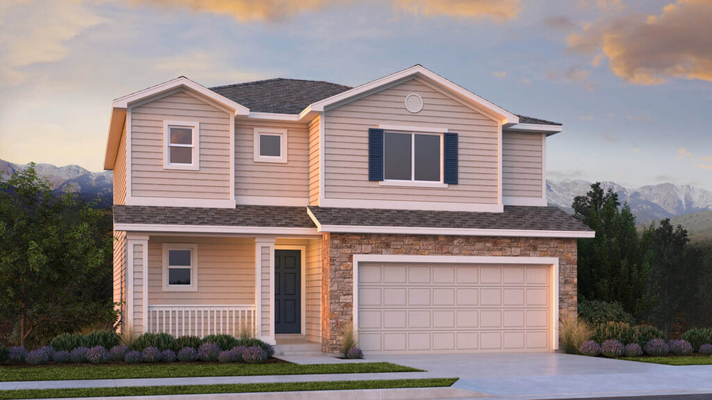 Two-story light tan siding house with stone accents, front porch, and attached two-car garage.