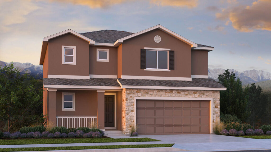 Two-story suburban house exterior with attached two-car garage and stone accent facade.