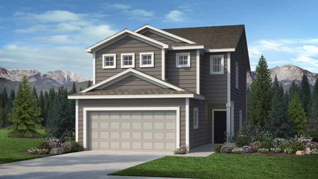 Two-story house exterior with gray siding, three small upper windows and a two-car garage.
