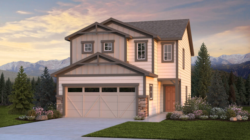 Architectural rendering of a two-story suburban house with attached two-car garage and mountain backdrop.