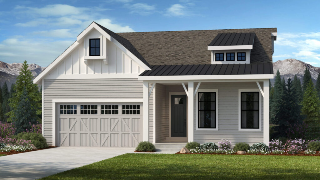 Detached house with board-and-batten siding, a covered front porch and a dormer above the garage.