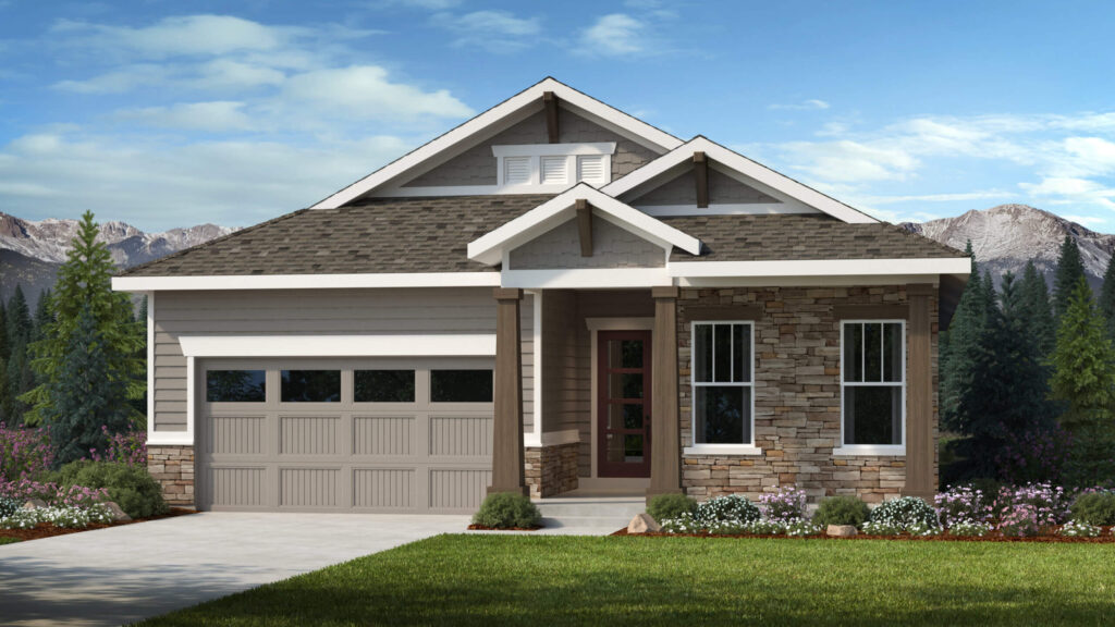 One-story ranch-style home with a two-car garage, stone accents and front porch columns.
