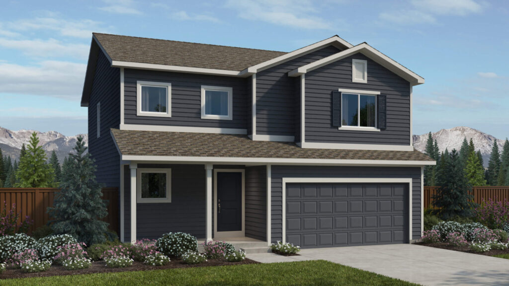 Two-story house with dark horizontal siding, covered porch, and matching dark garage door.