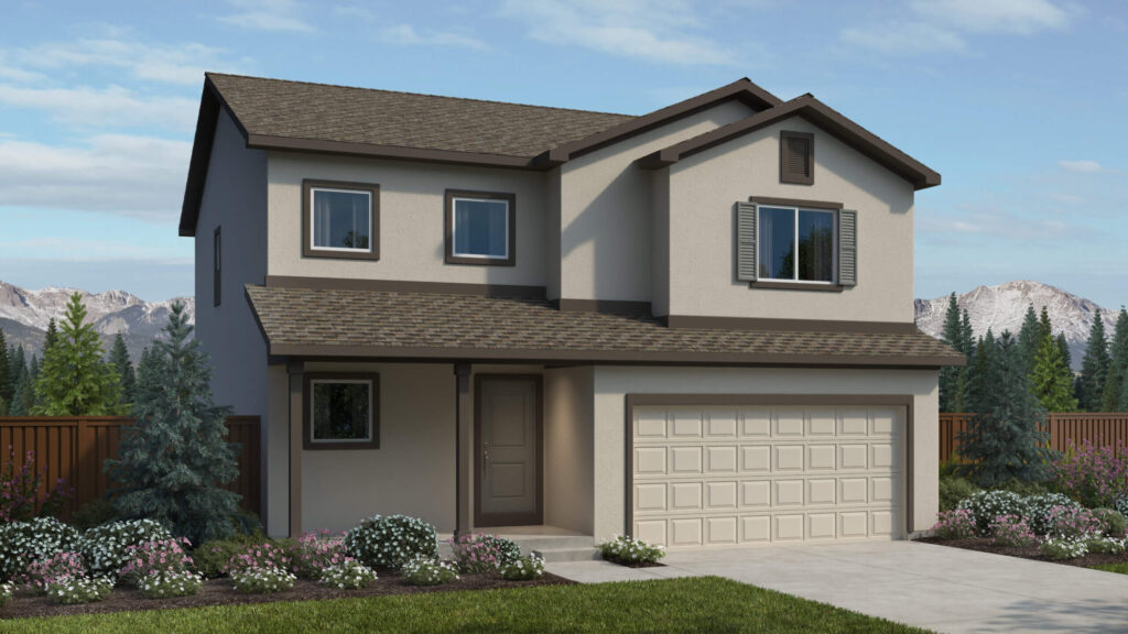 Two-story house with smooth light stucco finish, small covered porch, and double garage.