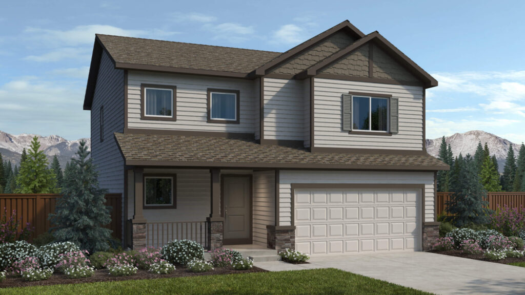 Two-story suburban house with beige siding, front porch, and double garage under a gabled roof.