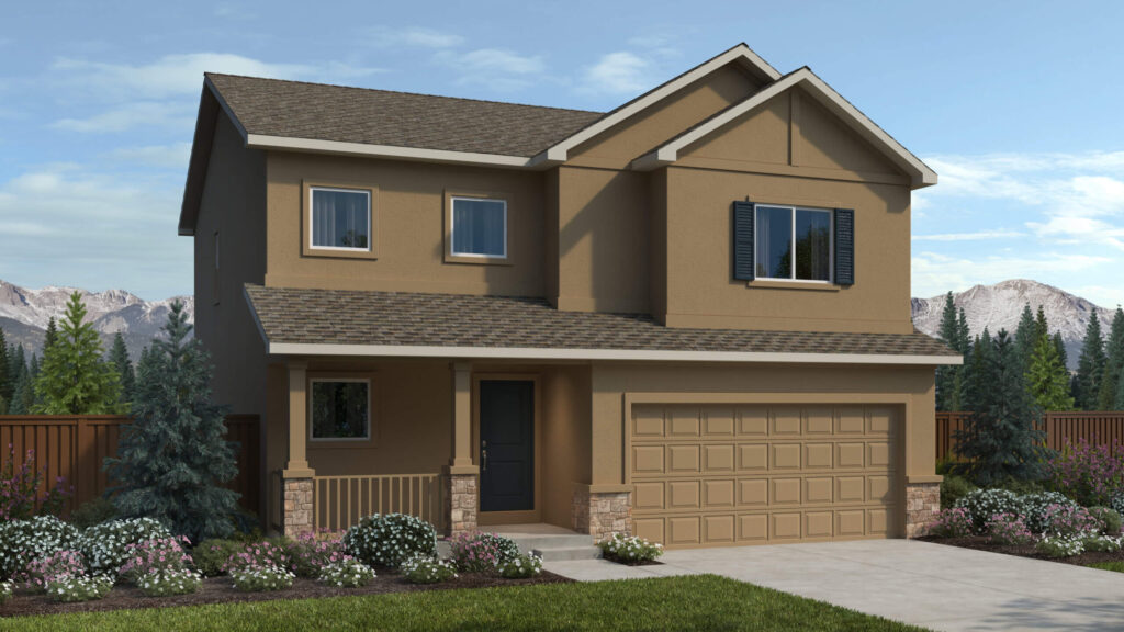 Two-story beige house with covered porch, double garage, and porch columns with stone bases.