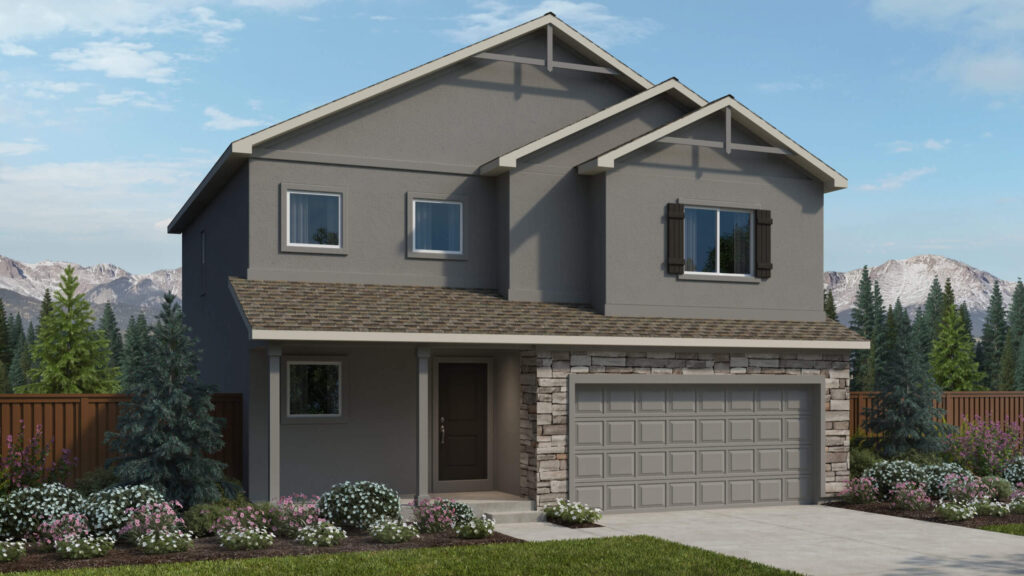 Two-story gray house with covered front porch, stone-accent garage, and landscaped yard.