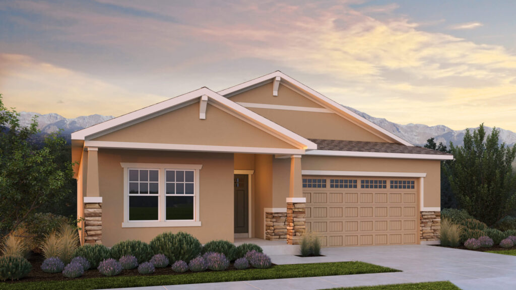 Single-story beige suburban home with a front porch, stone column bases, and two-car garage.
