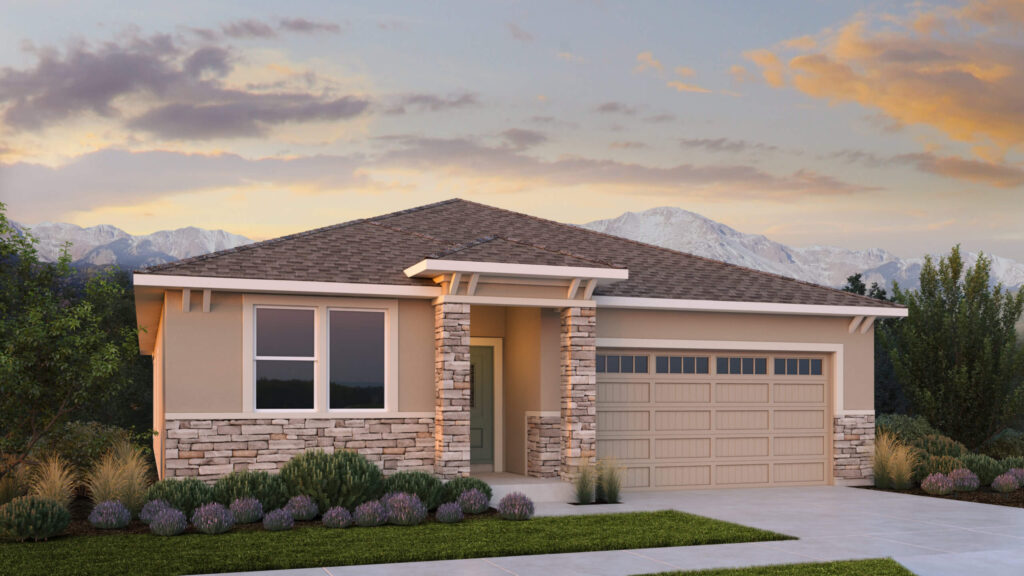 Single-story home with low hip roof, stone wainscot, covered porch, and attached double garage.