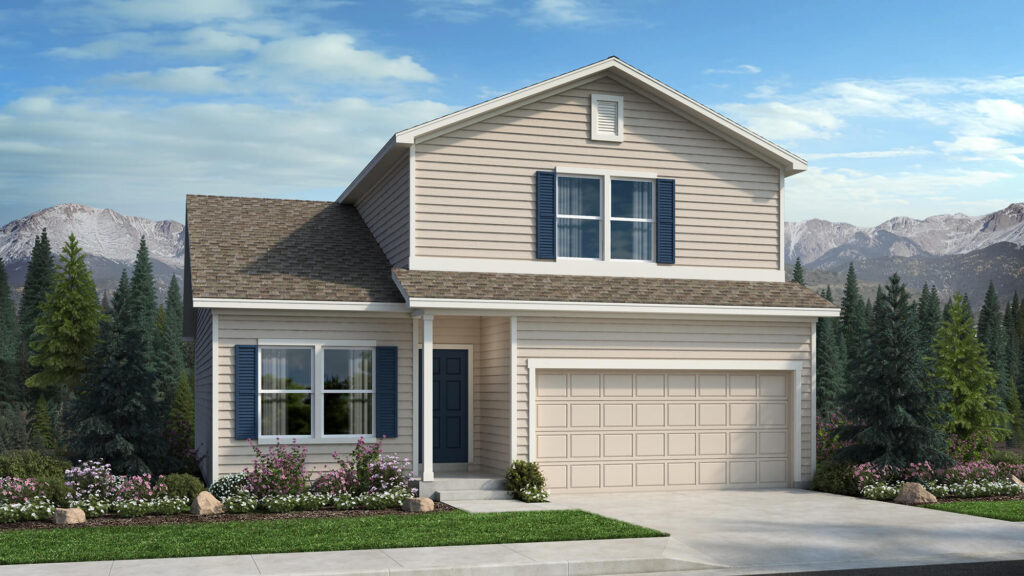 Two-story suburban house with beige siding, blue shutters, and attached two-car garage.