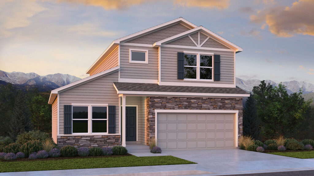 Two-story house with gray horizontal siding, stone veneer lower facade, and attached garage.