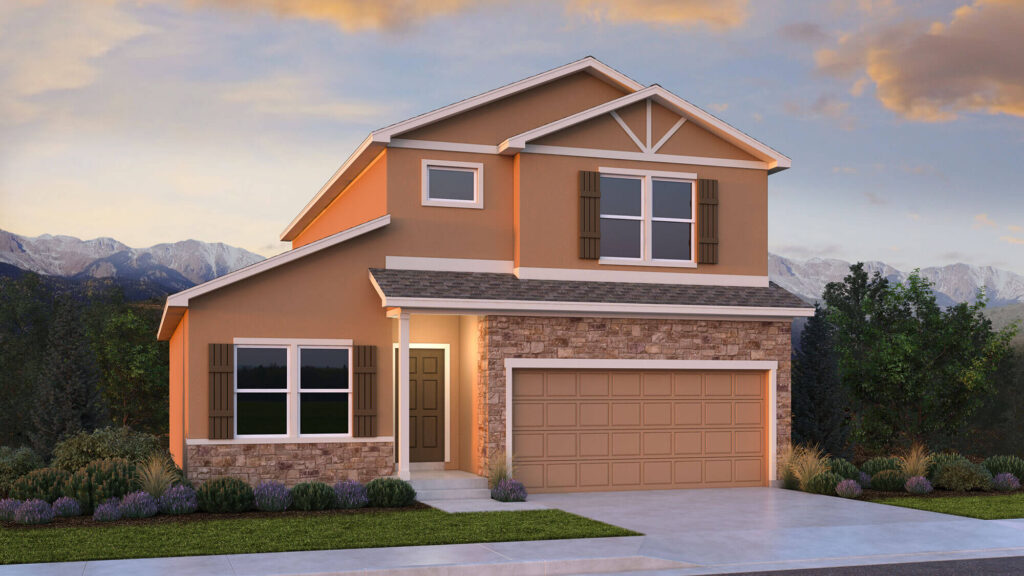 Two-story house with warm-toned stucco and stone accents, shutters, and attached garage.