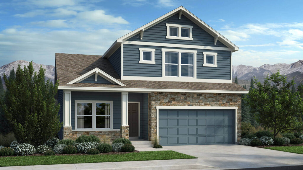 Two-story modern house exterior with blue siding, stone accents, and attached two-car garage.