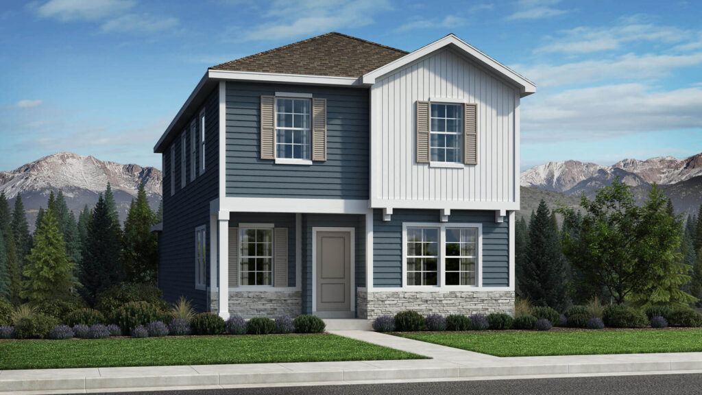 Two-story blue-gray house with white vertical siding accent, front porch, and symmetrical windows.