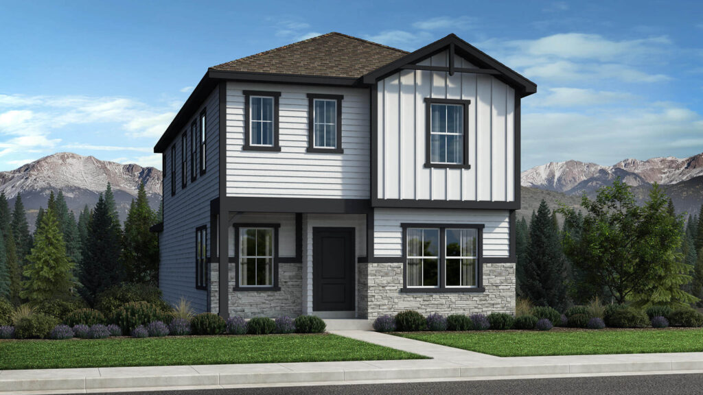Two-story house with white siding and darker trim, stone base, and gabled roof overhang.