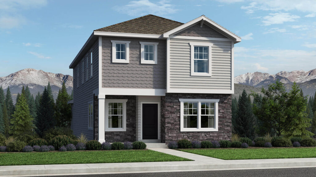 Two-story gray house with mixed siding textures, stone lower facade, and front walkway.