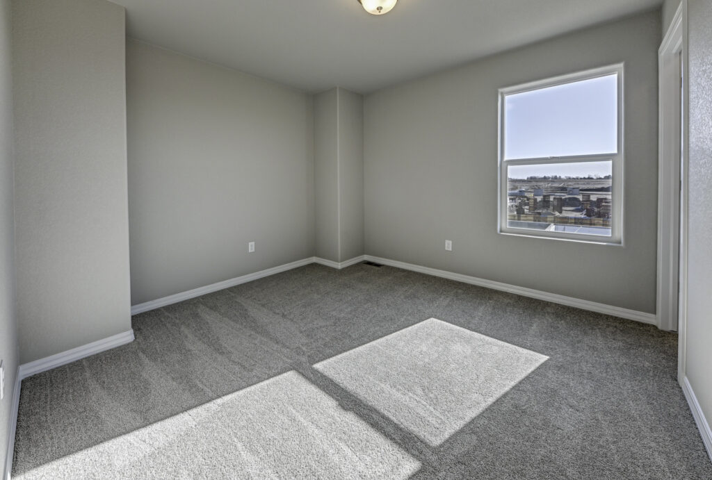 Empty carpeted bedroom with a single window letting in sunlight and neutral painted walls.