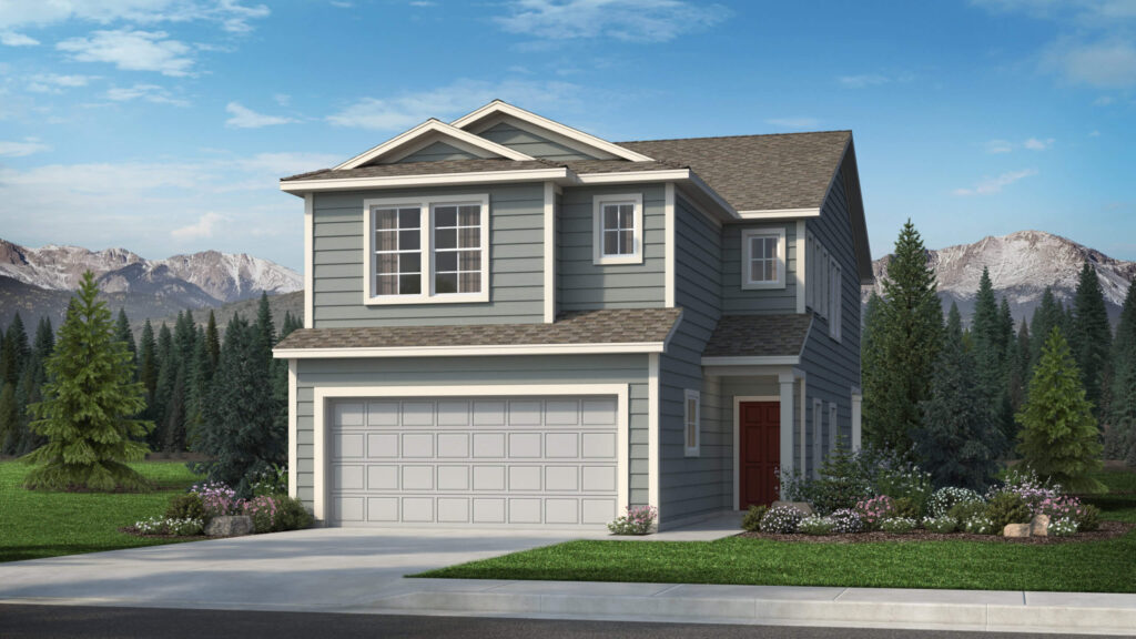 Two-story suburban home rendering with symmetrical gables and a front-facing two-car garage.