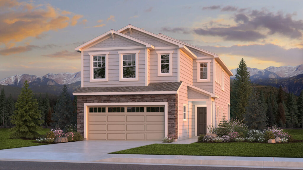 Two-story house rendering at sunset with stone-accented lower facade and double garage.