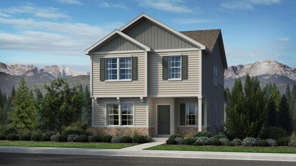 Two-story architectural rendering of a light-colored home with green shutters and partial stone base.