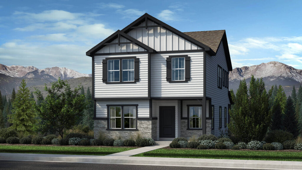 Two-story architectural rendering of a modern farmhouse-style home with dark trim and stone accents.