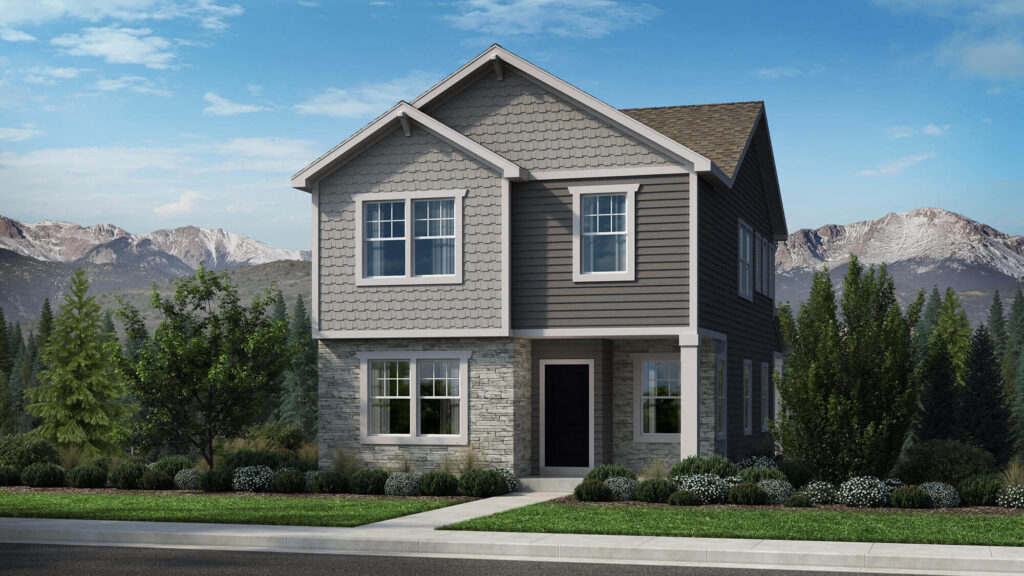 Two-story architectural rendering of a gray home with mixed siding textures and stone lower facade.