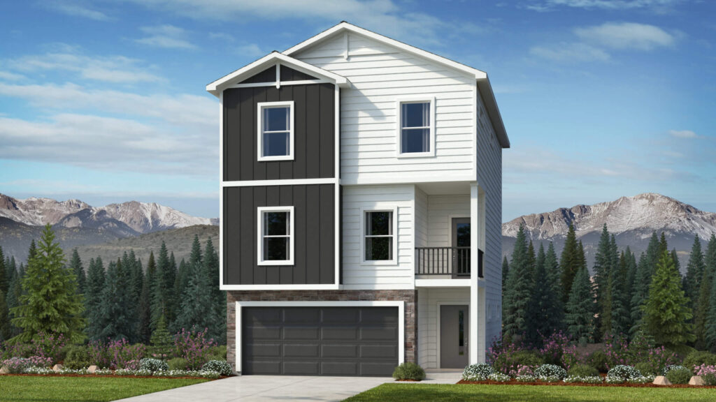 Three-story modern home with contrasting dark and white vertical siding and a two-car garage.