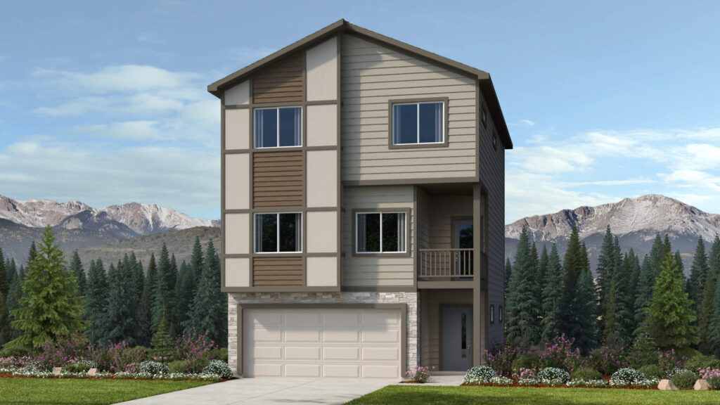 Three-story house with decorative paneling on the left and a two-car garage.