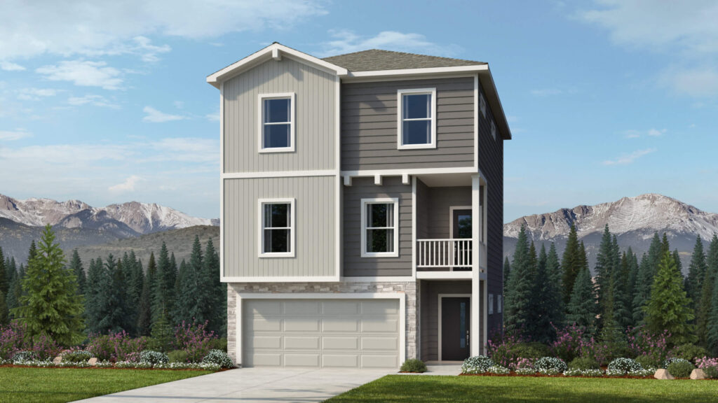 Three-story modern house with mixed horizontal and vertical siding and a two-car garage.