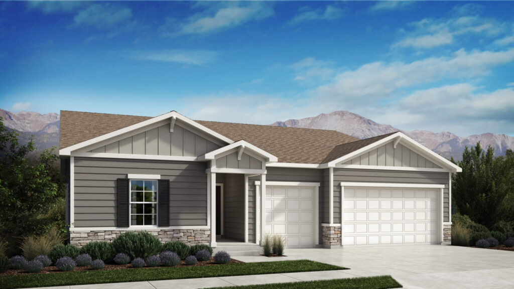 Architectural rendering of a one-story gray home with three-car garage and mountain backdrop.