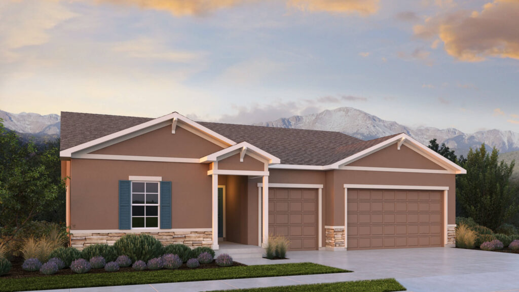 Rendered front view of a one-story brown house with three-car garage and landscaped front yard.