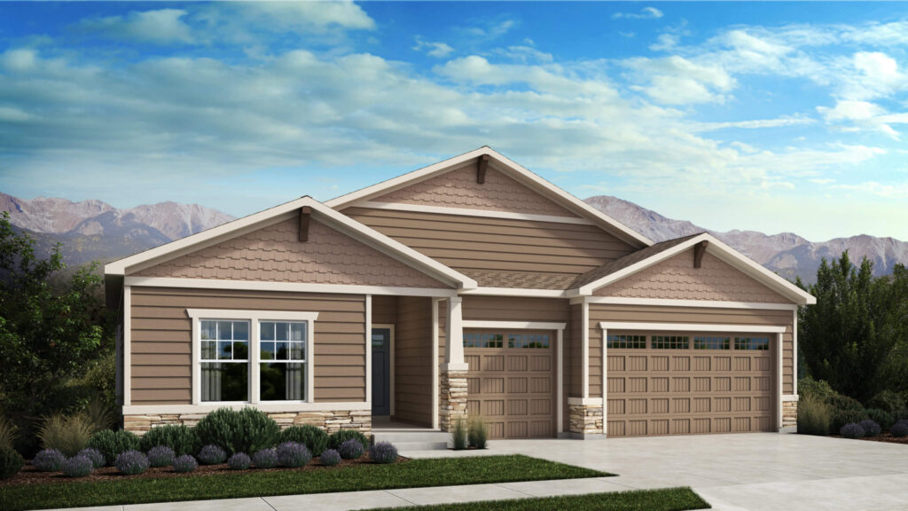 Single‑story suburban house exterior with three‑car garage and brown siding against mountain backdrop.