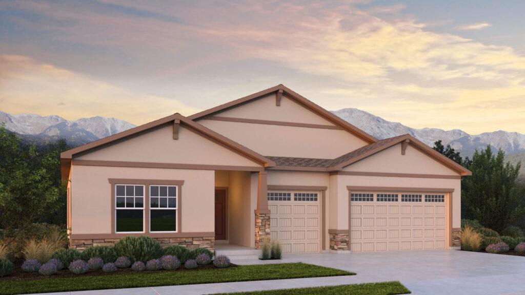 Single‑story rendered home at sunset with three‑car garage and light stucco finish.