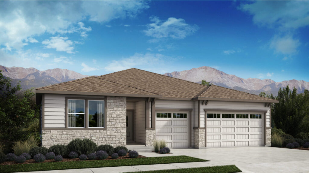 Rendered ranch home with mixed stone and siding exterior and three‑car garage under blue sky.