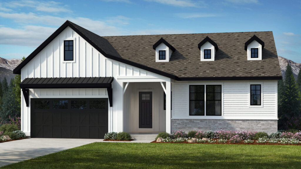 White single-story modern farmhouse with black roof accents and three small dormer windows.