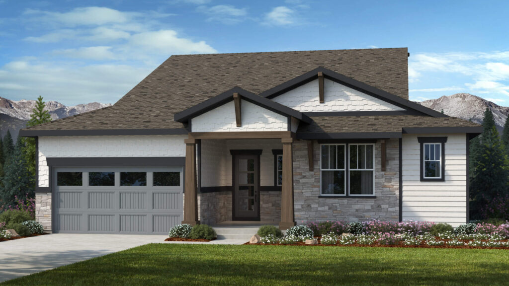 Front view rendering of a craftsman-style house with covered porch and two-car garage.