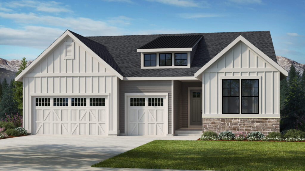 White board-and-batten single-story house with multiple gables and two separate garage doors.