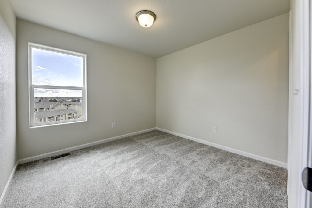 Empty carpeted bedroom with a single window and ceiling light fixture.
