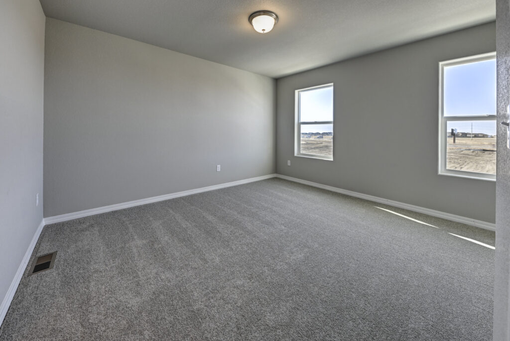 Bright empty room with two windows and wall-to-wall carpet under a central ceiling light.