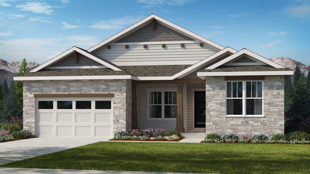 Single-story house with gabled roof, stone veneer facade, and two-car garage.